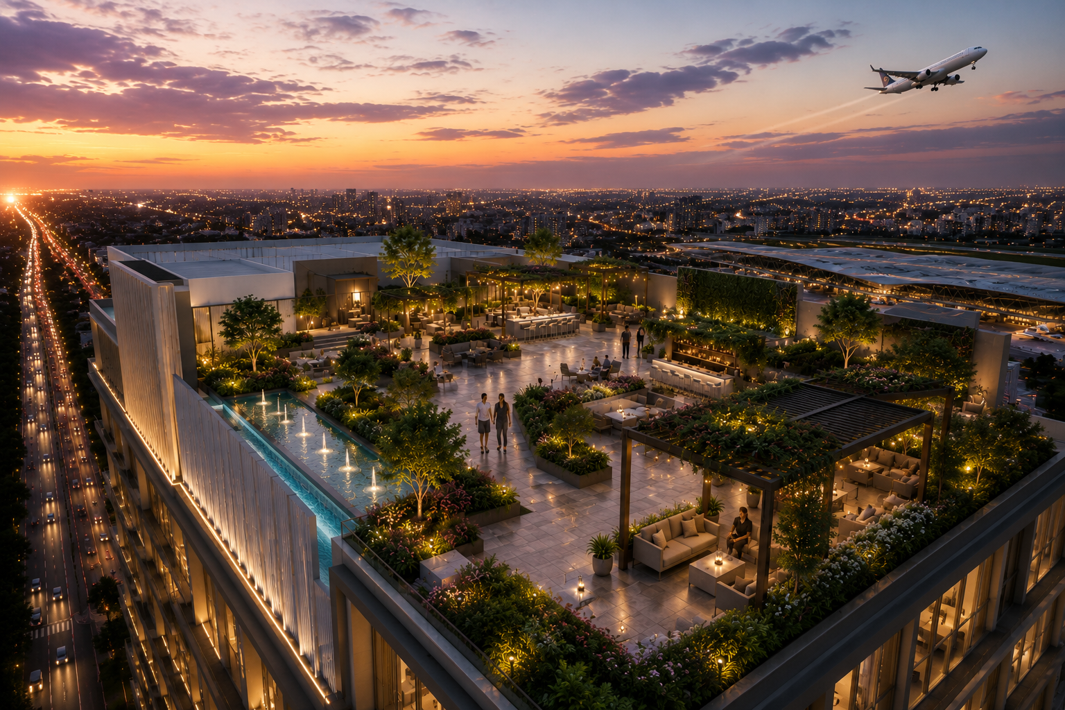 Alpha Grand rooftop lounge garden, 3D render